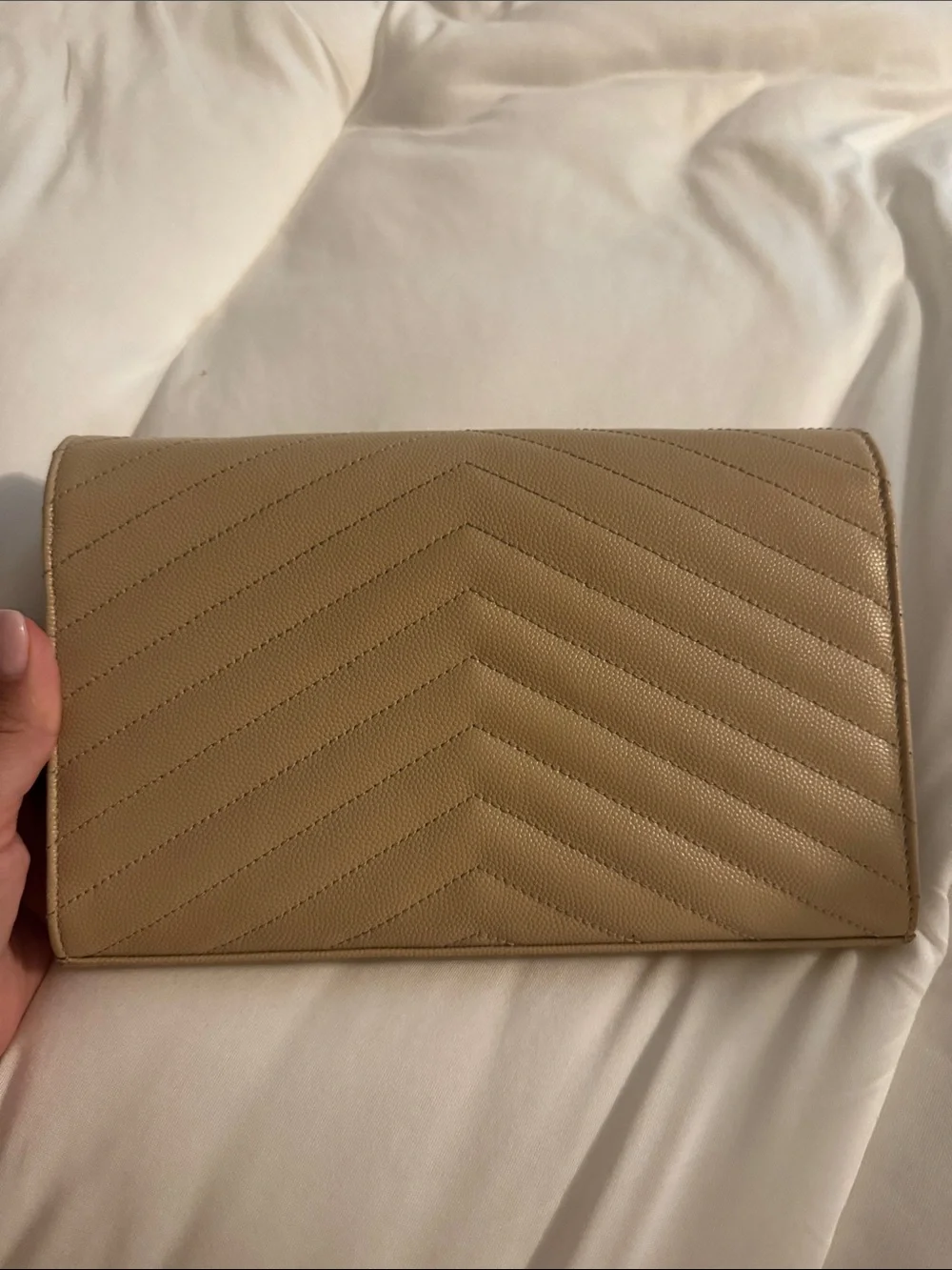 Saint Laurent Tan Quilted Leather Envelope Clutch with Gold YSL Logo